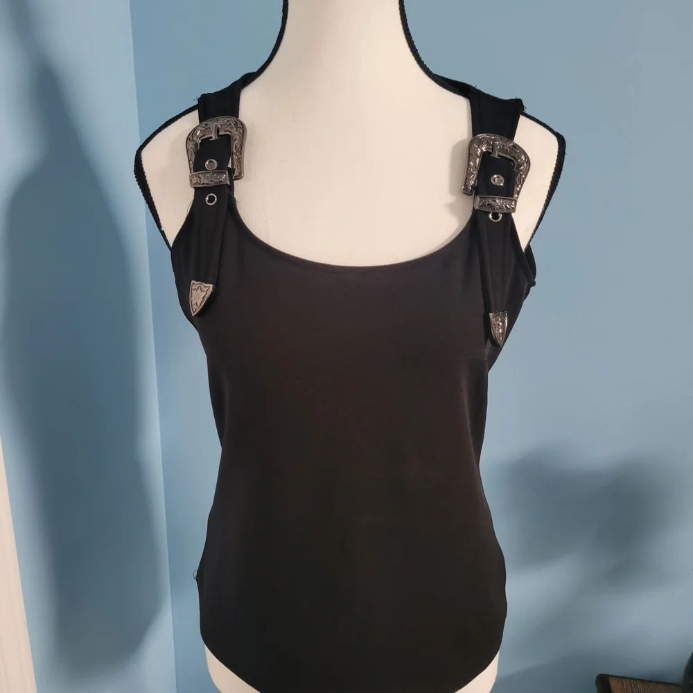 Elegant Black Women's Tank Top with Buckle Straps - Picture 1 of 3